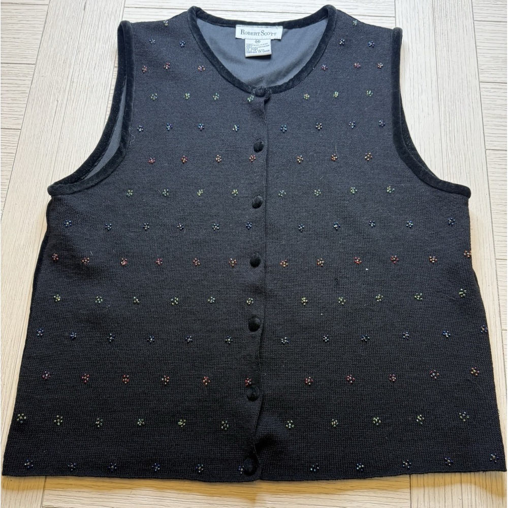 Robert Scott Women's Wool Blk Cardigan Sweater Vest‎ Beaded Embellishments Sz M